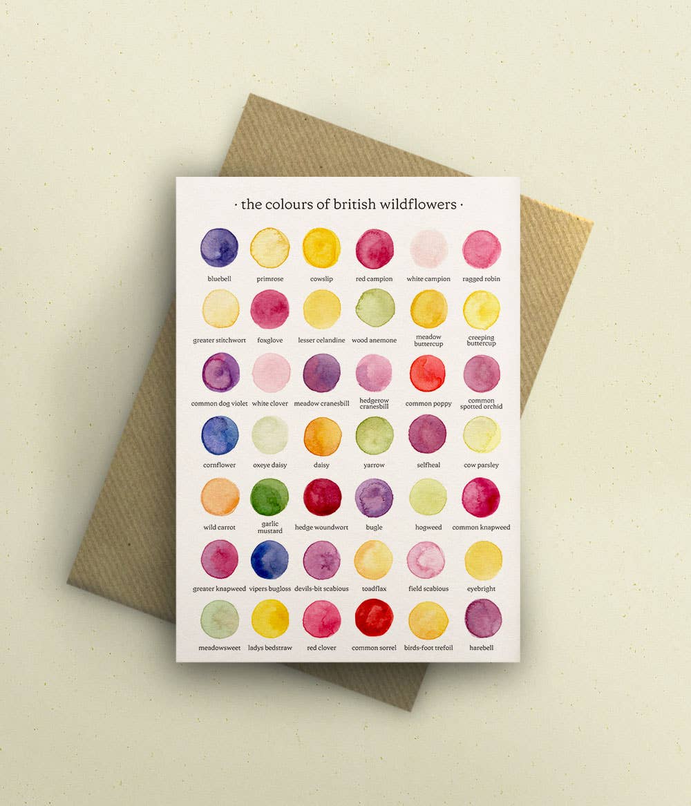 Shop the Colours of British Wildflowers card. A luxury watercolour floral greeting card printed on 300gsm cardstock with kraft envelope.