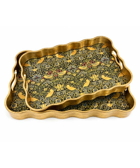 Brushed Gold Strawberry Thief decorative tray with botanical pattern, available in small and large sizes.