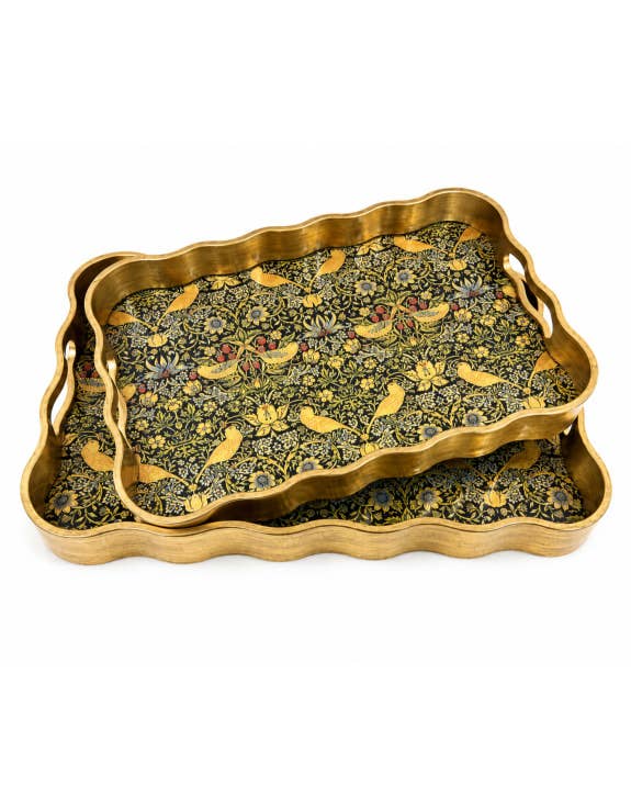 Brushed Gold Strawberry Thief decorative tray with botanical pattern, available in small and large sizes.