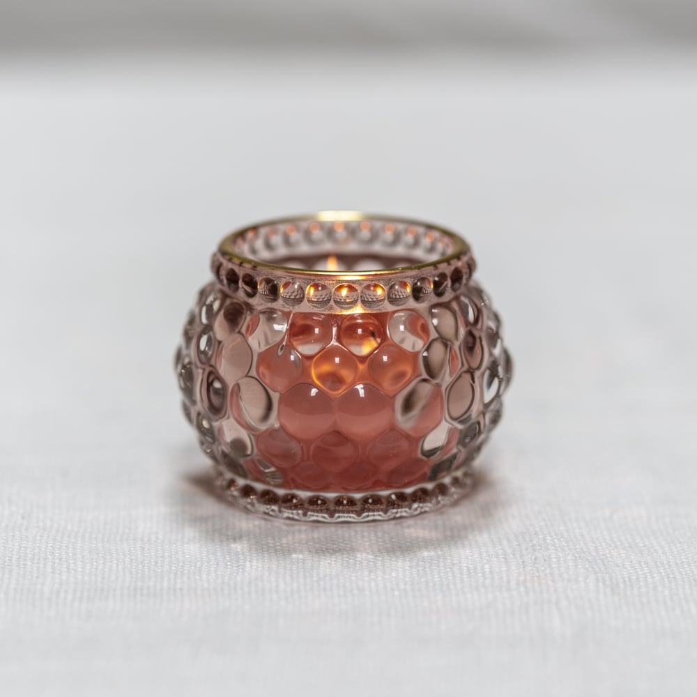Pale rose bubble glass votive candle holder with gold rim, available in three sizes