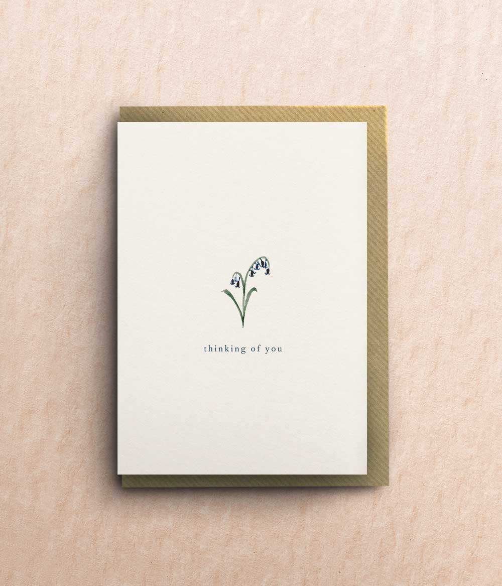 By Tilly hand-illustrated sympathy greetings card featuring a delicate bluebell design, printed on premium 300gsm cardstock with a kraft envelope.
