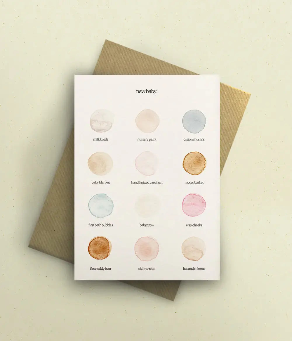 By Tilly New Baby Colour Palette greetings card featuring soft hand-painted watercolour swatches inspired by baby blankets and new beginnings.