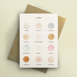 By Tilly New Baby Colour Palette greetings card featuring soft hand-painted watercolour swatches inspired by baby blankets and new beginnings.