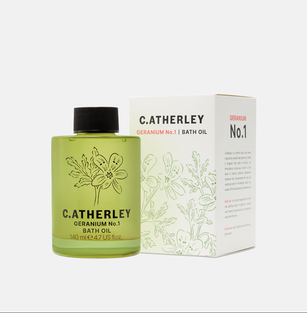 C.Atherley Geranium No.1 botanical bath oil in a 140ml bottle, made in England with sweet almond oil and natural essential oils including geranium, lavender and frankincense.