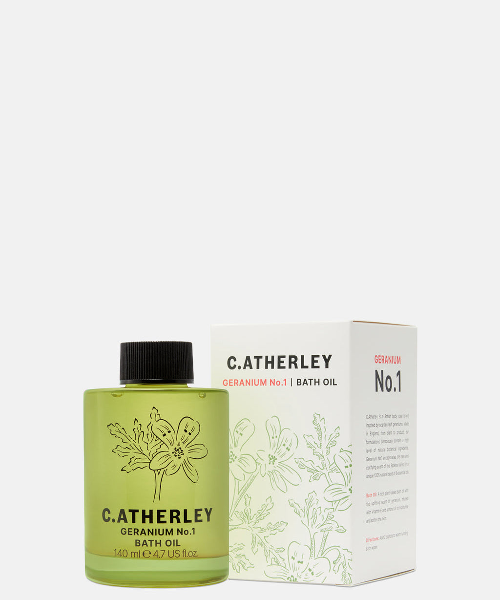 C.Atherley Geranium No.1 botanical bath oil in a 140ml bottle, made in England with sweet almond oil and natural essential oils including geranium, lavender and frankincense.