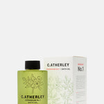 C.Atherley Geranium No.1 botanical bath oil in a 140ml bottle, made in England with sweet almond oil and natural essential oils including geranium, lavender and frankincense.
