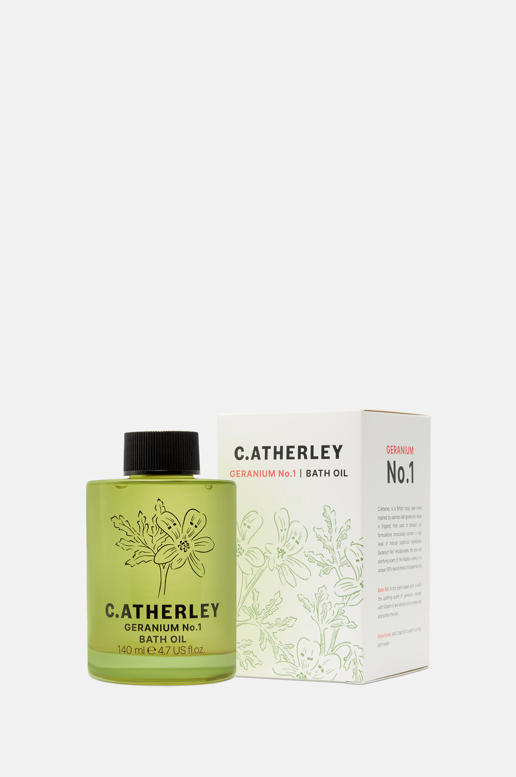 C.Atherley Geranium No.1 botanical bath oil in a 140ml bottle, made in England with sweet almond oil and natural essential oils including geranium, lavender and frankincense.