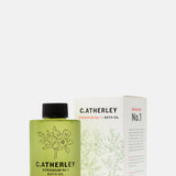 C.Atherley Geranium No.1 botanical bath oil in a 140ml bottle, made in England with sweet almond oil and natural essential oils including geranium, lavender and frankincense.