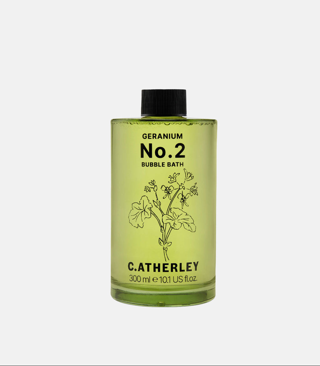 C.Atherley Geranium No.1 botanical bubble bath in a 300ml bottle, made in England with natural essential oils including geranium, lavender and frankincense.