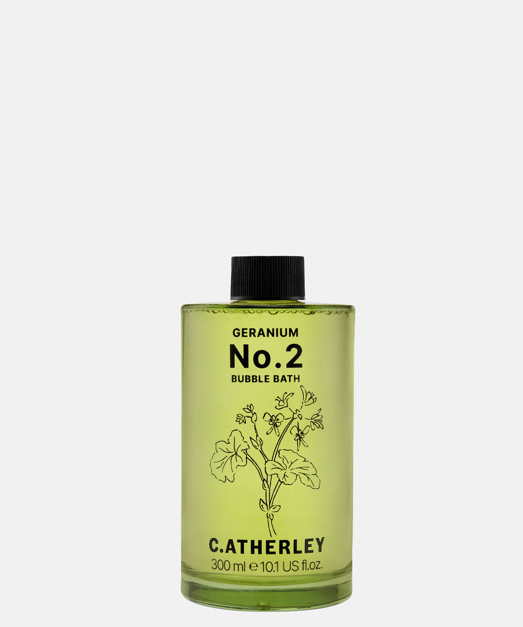 C.Atherley Geranium No.1 botanical bubble bath in a 300ml bottle, made in England with natural essential oils including geranium, lavender and frankincense.