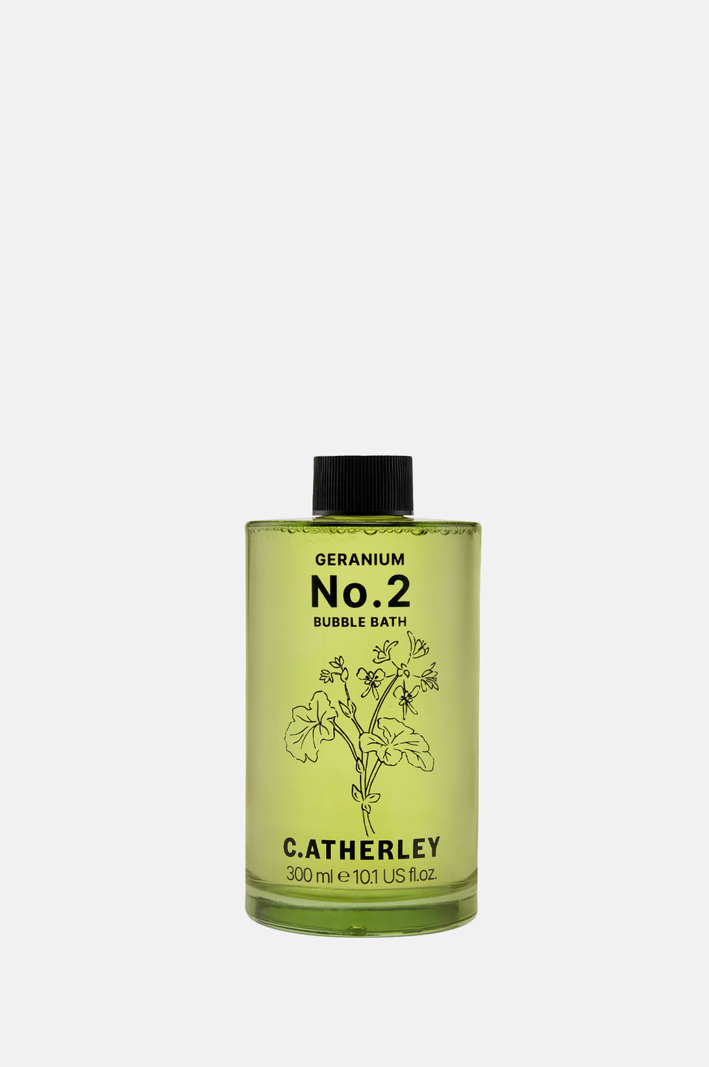 C.Atherley Geranium No.1 botanical bubble bath in a 300ml bottle, made in England with natural essential oils including geranium, lavender and frankincense.