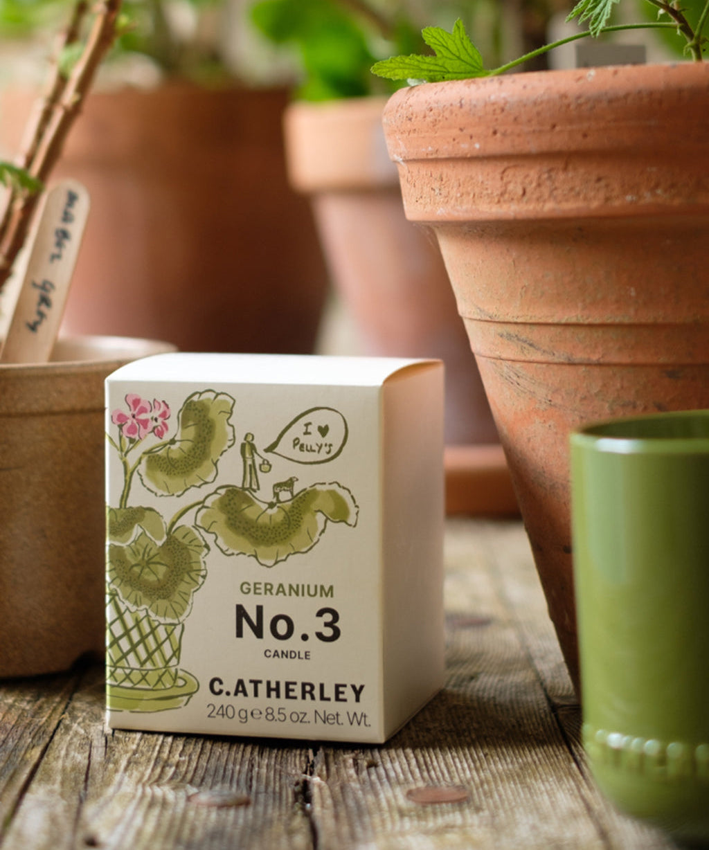C.Atherley Geranium No.3 botanical scented candle inspired by Pelargonium Mabel Grey, hand-poured in England with fresh citrus and green notes.