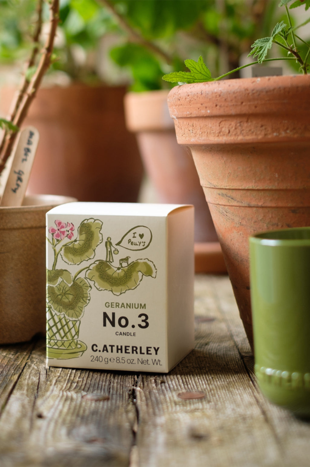 C.Atherley Geranium No.3 botanical scented candle inspired by Pelargonium Mabel Grey, hand-poured in England with fresh citrus and green notes.