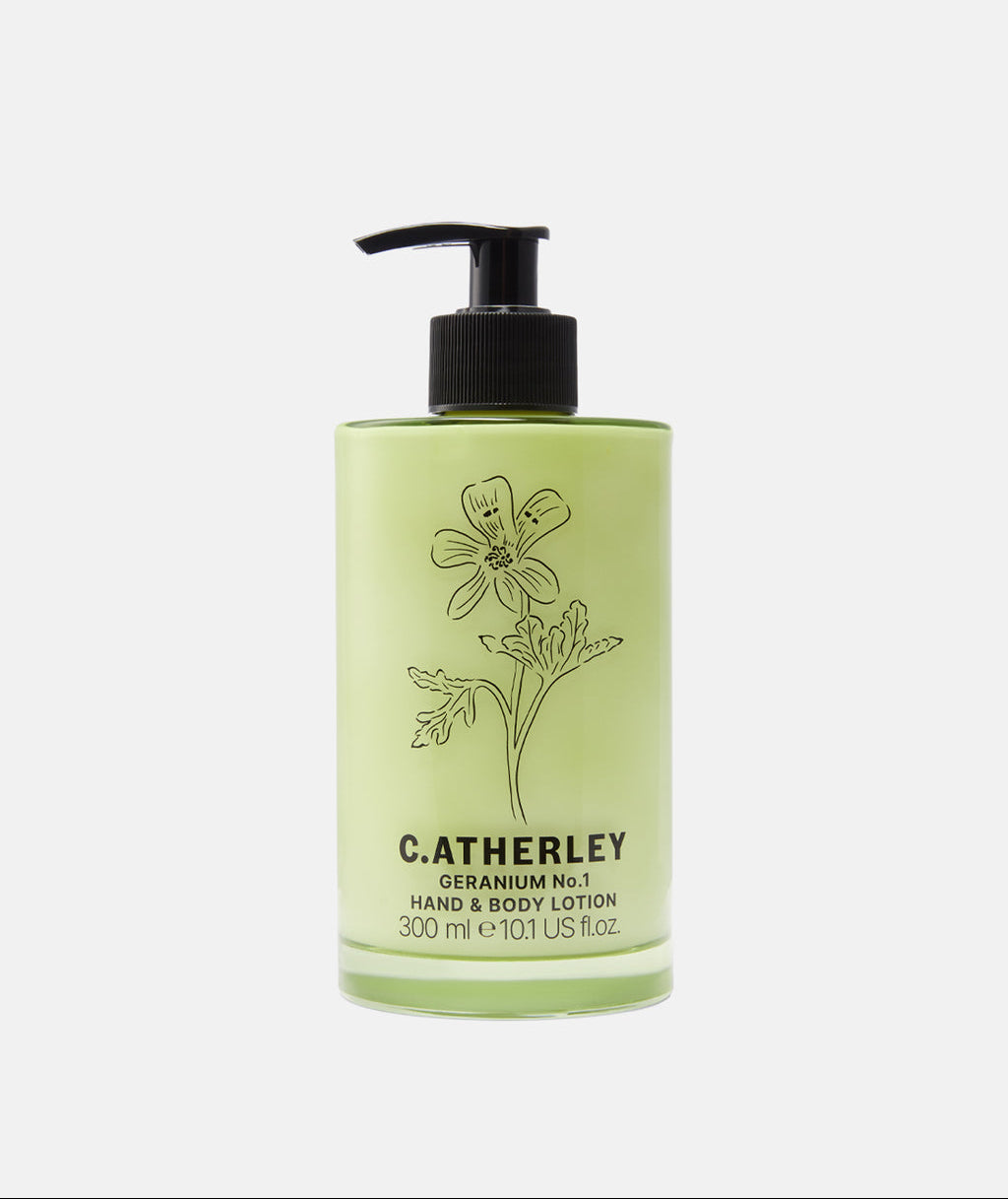 C.Atherley Geranium No.1 Hand & Body Lotion 300ml enriched with shea butter, aloe vera and natural botanical essential oils.