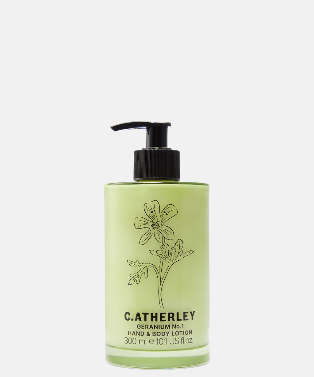C.Atherley Geranium No.1 Hand & Body Lotion 300ml enriched with shea butter, aloe vera and natural botanical essential oils.