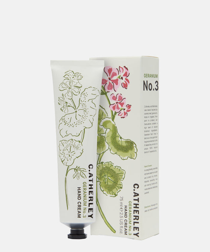 C.Atherley Geranium No.3 ceramide-rich botanical hand cream 75ml with natural citronella essential oils, made in England.