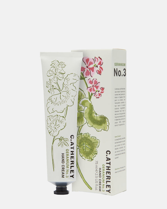 C.Atherley Geranium No.3 ceramide-rich botanical hand cream 75ml with natural citronella essential oils, made in England.