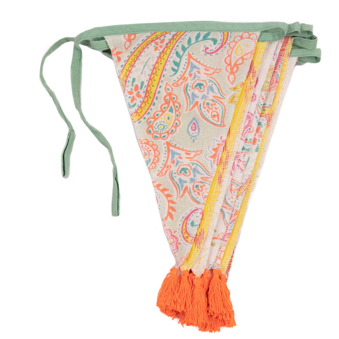 Colourful paisley print cotton bunting with pink, orange and yellow fabric pennants and tassel details
