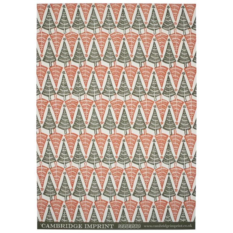 Cambridge Imprint Dancing Trees Christmas wrapping paper featuring a colourful designer Christmas tree pattern.