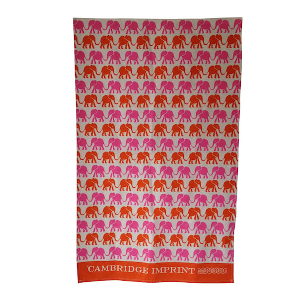 Shop Cambridge Imprint Elephant tea towel. A 100% cotton kitchen towel made in England with a playful printed design.