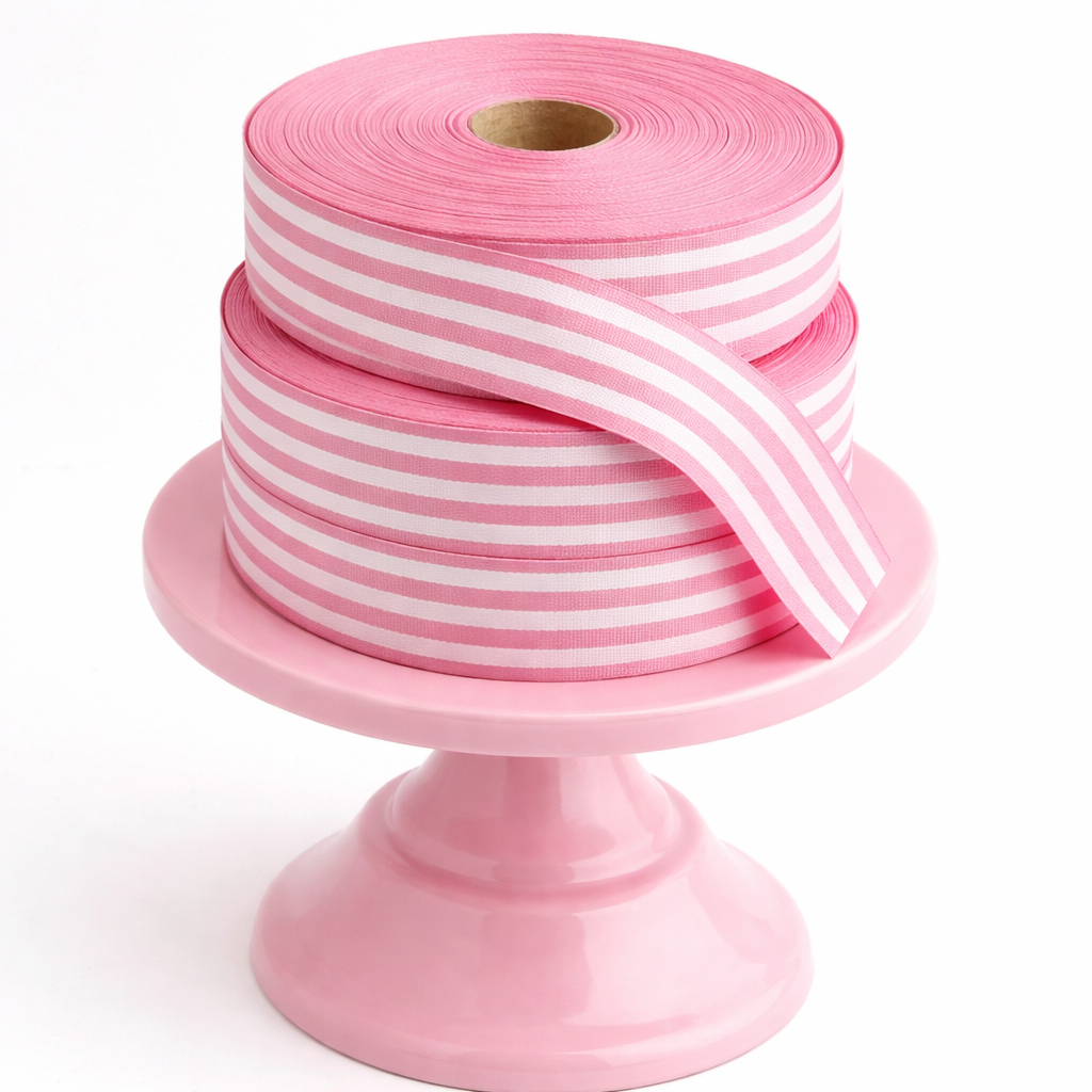 Candy pink multistripe cotton ribbon, 35mm wide, with a soft woven texture for gift wrapping, decorative bows and creative styling.