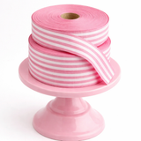 Candy pink multistripe cotton ribbon, 35mm wide, with a soft woven texture for gift wrapping, decorative bows and creative styling.