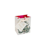 Caroline Gardner petite Christmas gift bag with gold Merry Christmas bunting lettering and a Christmas tree illustration, measuring 13.5 × 11 × 7cm.
