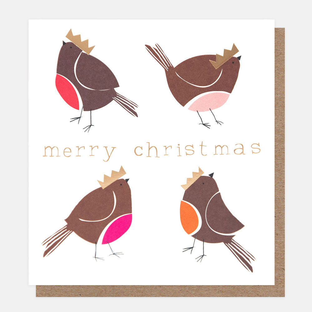 Caroline Gardner Robins in Crowns charity Christmas card featuring four illustrated robin redbreasts wearing gold crowns with Merry Christmas lettering.