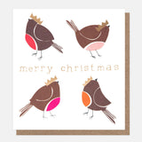 Caroline Gardner Robins in Crowns charity Christmas card featuring four illustrated robin redbreasts wearing gold crowns with Merry Christmas lettering.