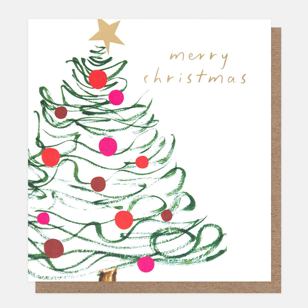 Caroline Gardner Swirly Tree charity Christmas cards featuring a green Christmas tree with pink and red baubles, gold star and gold foil lettering, pack of eight.