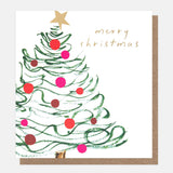 Caroline Gardner Swirly Tree charity Christmas cards featuring a green Christmas tree with pink and red baubles, gold star and gold foil lettering, pack of eight.