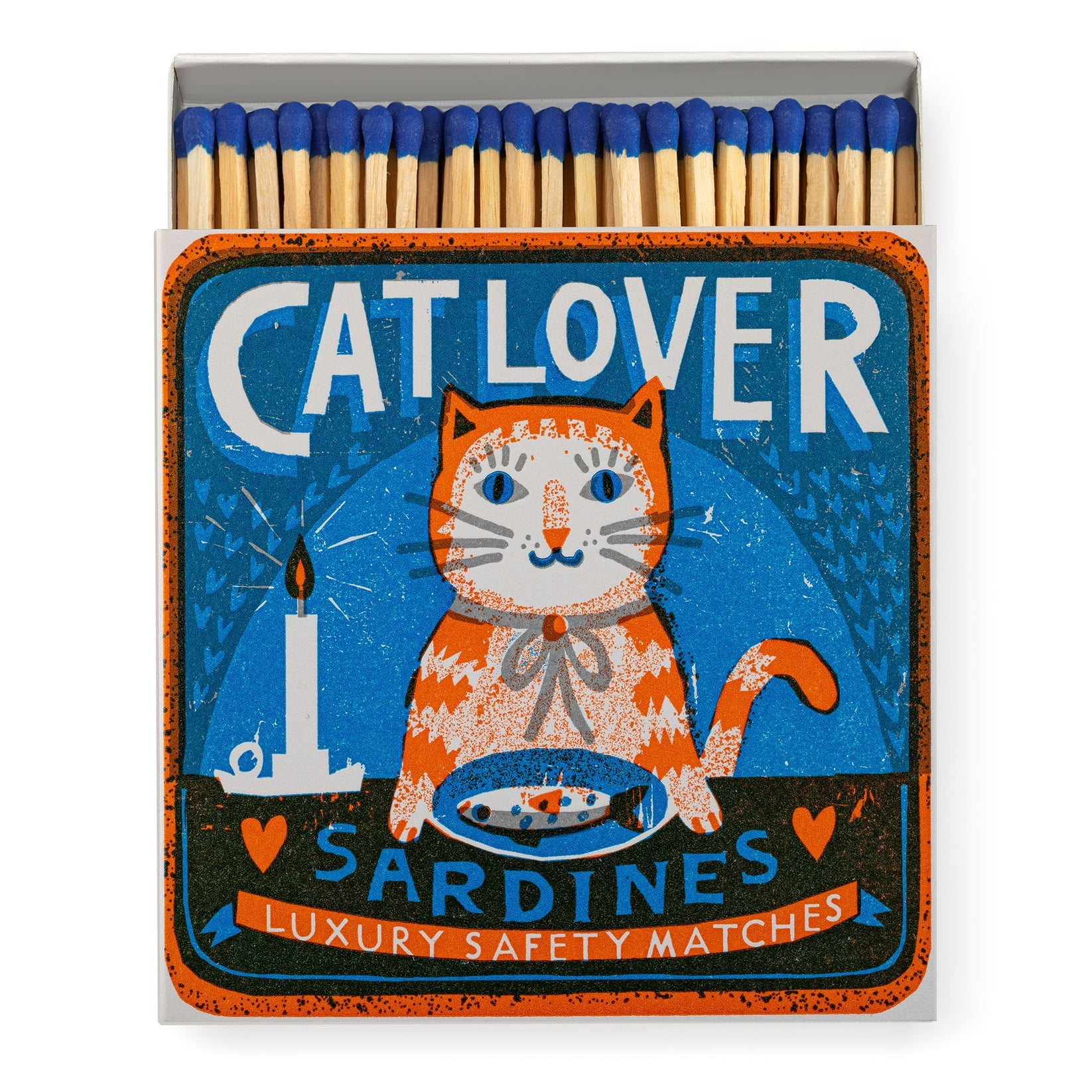 Luxury Cat Lover matchbox featuring a ginger tabby cat seated at a table with a sardine and vintage-style typography.