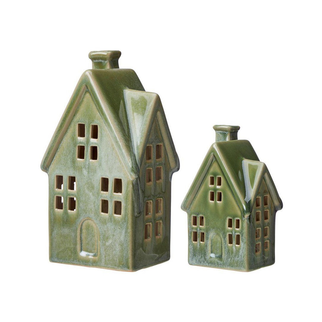 Shop our Green Ceramic House LED Light — a rustic ceramic ornament with a warm LED glow for an Autumn table or mantle décor.