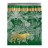 Luxury Cheetah matchbox featuring a gold foil cheetah walking through a green jungle-inspired design and containing 125 matches.