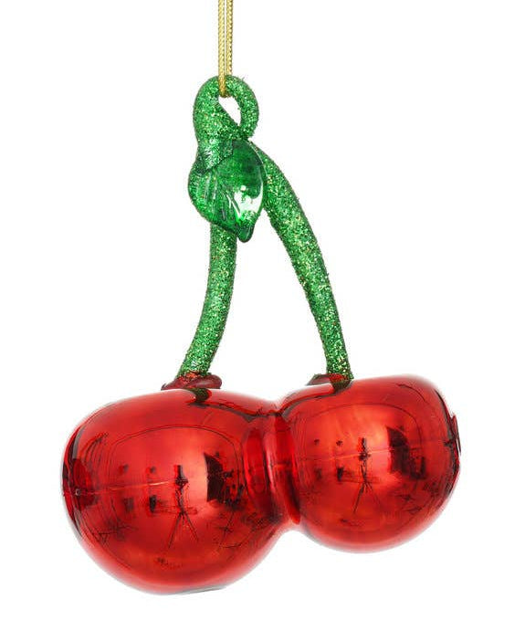 Decorative glass cherry hanging ornament for colourful Christmas tree and festive styling.