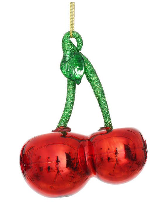 Decorative glass cherry hanging ornament for colourful Christmas tree and festive styling.