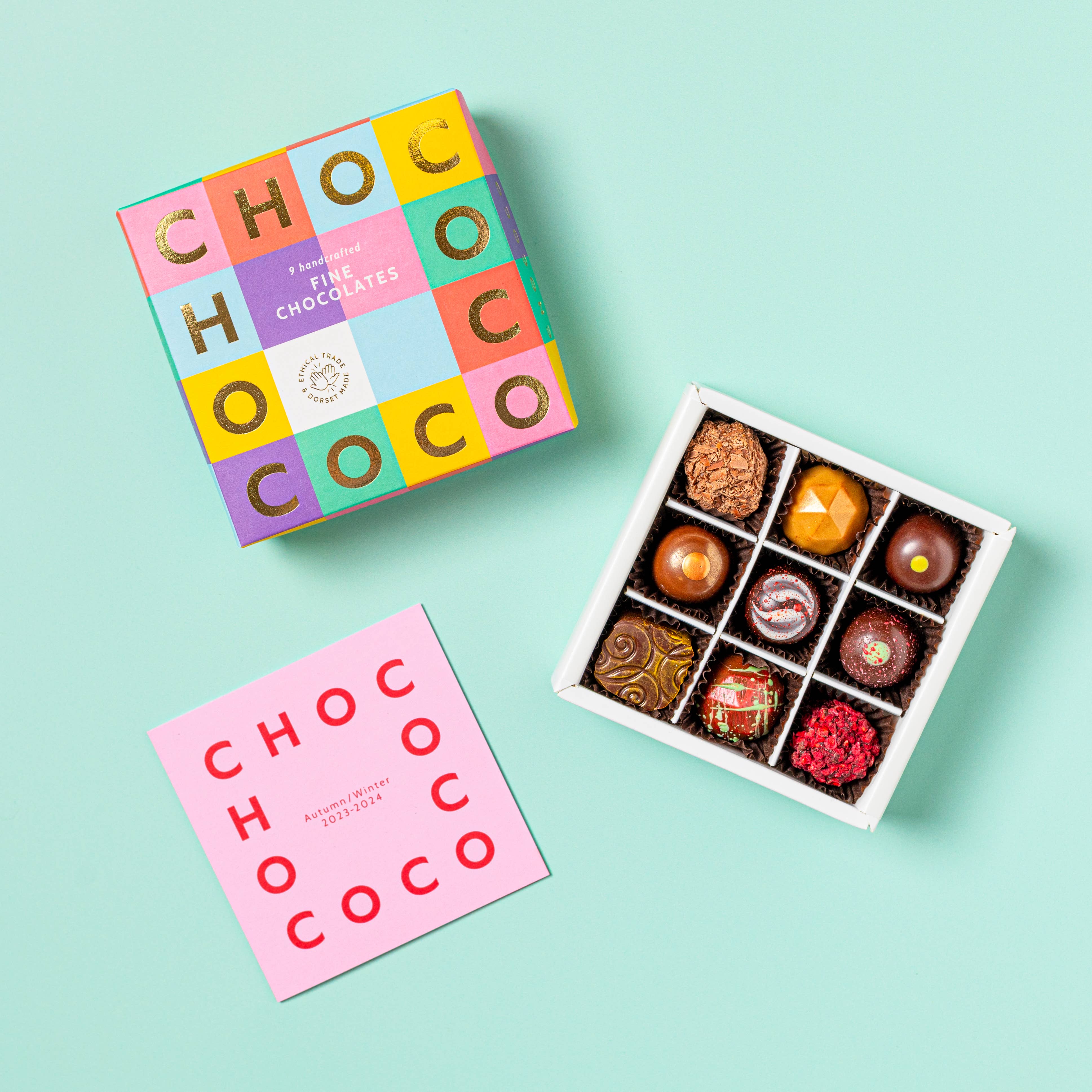 Chococo 9 Piece Artisan Chocolate Selection Box with handmade milk and dark chocolates in an elegant luxury gift box.