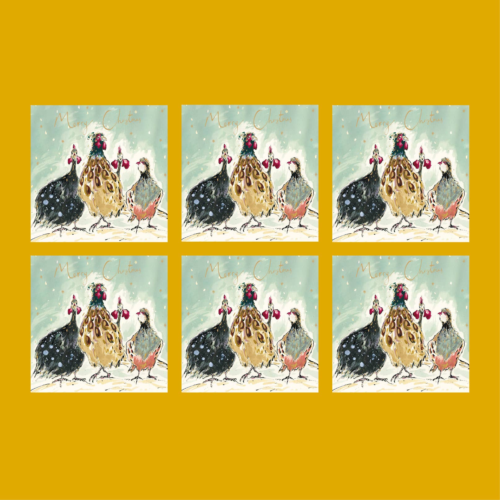 Christmas Friends gold foil Christmas cards with pheasant, partridge and guinea fowl in falling snow