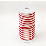 Christmas red tricolour cotton ribbon, 15mm wide, featuring a festive three-colour striped design for gift wrapping, bows and Christmas crafting.