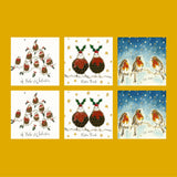 Pack of six Christmas robin cards with three festive robin designs in rosy red