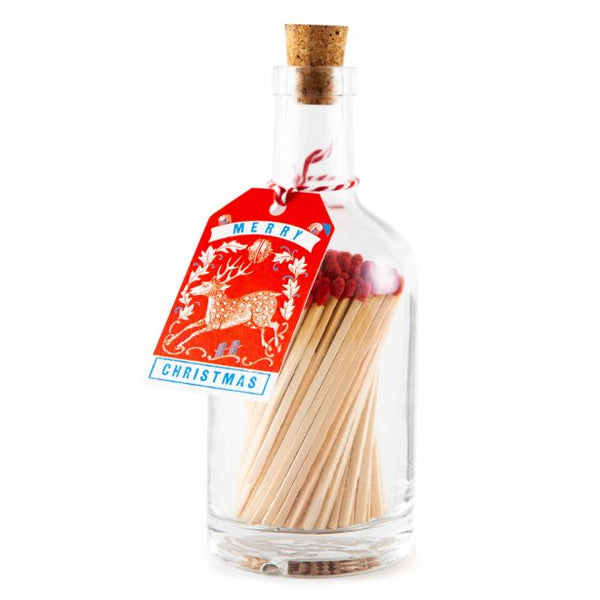 Christmas Stag Bottle of Matches with red-tipped extra-long safety matches in a reusable glass bottle for lighting festive candles and fireplaces.