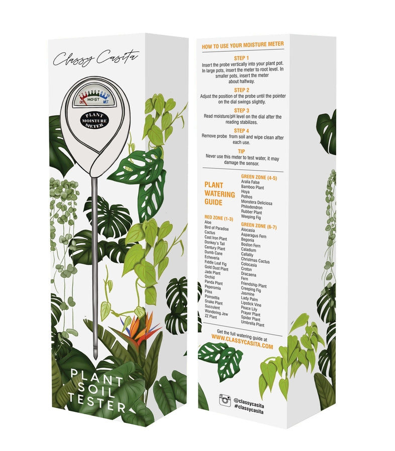 Classy Casita soil moisture meter for houseplants and gardens with an easy-to-read 1–10 moisture scale to help prevent overwatering and underwatering.