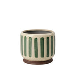 Crackle glaze green striped stoneware plant pot with integrated stand. A stylish 16cm indoor planter, perfect for statement houseplants and shelves.