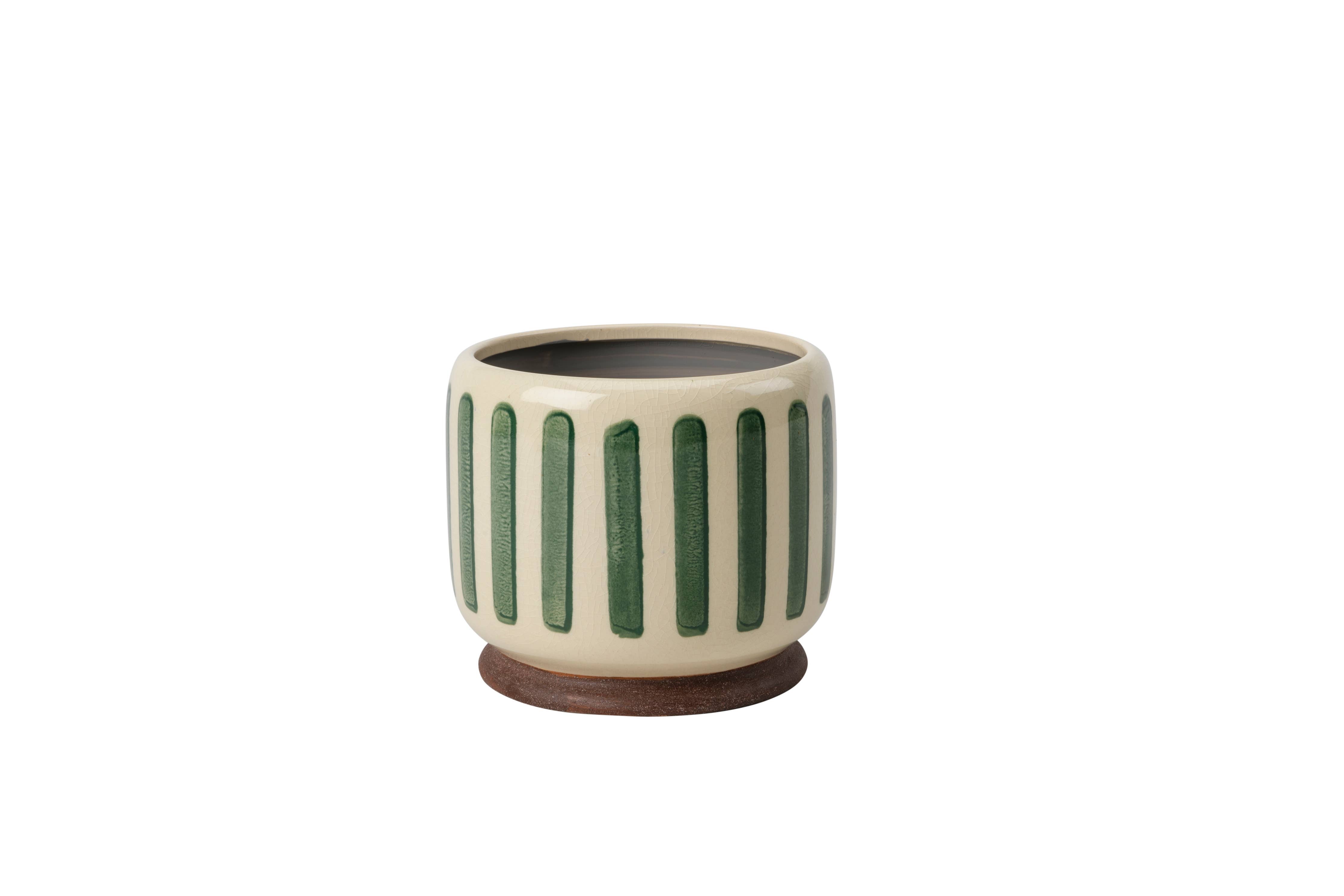 Crackle glaze green striped stoneware plant pot with integrated stand. A stylish 18cm indoor planter, perfect for statement houseplants and shelves.