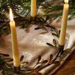 Brass mistletoe Christmas candle ring centrepiece holding four dinner candles