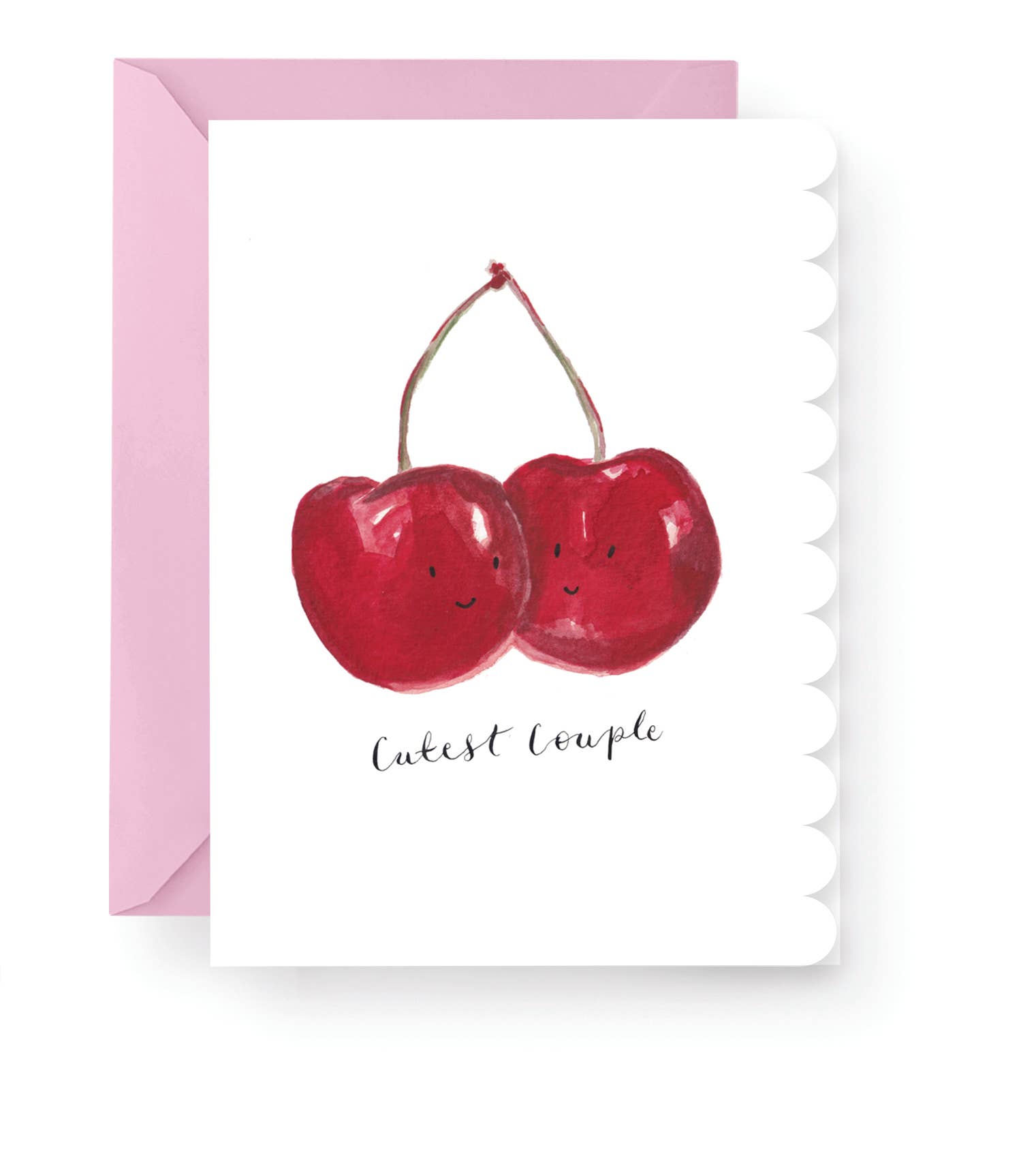 Cutest Couple wedding card featuring hand-painted watercolour cherries and a scalloped edge.