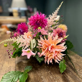 Luxury dahlia floristry workshop at Mad Lilies in Banstead Surrey creating a hand-tied bouquet with British seasonal flowers