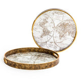 Decorative dark gold world map serving tray for entertaining, styling and display. Elegant metallic trays for contemporary and eclectic interiors.