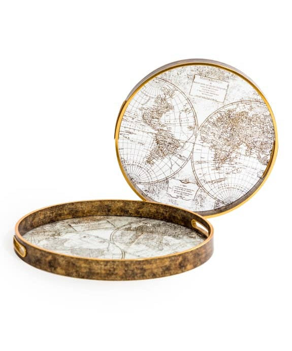 Decorative dark gold world map serving tray for entertaining, styling and display. Elegant metallic trays for contemporary and eclectic interiors.