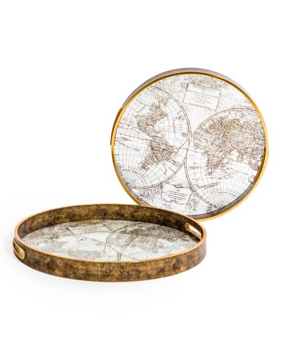 Decorative dark gold world map serving tray for entertaining, styling and display. Elegant metallic trays for contemporary and eclectic interiors.